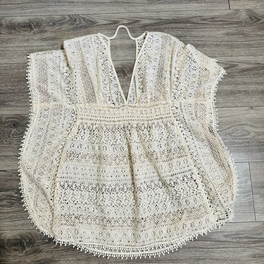 Xhilaration Women Bohemian Cream‎ V-Neck Lace Swim Cover Up Top Sz M